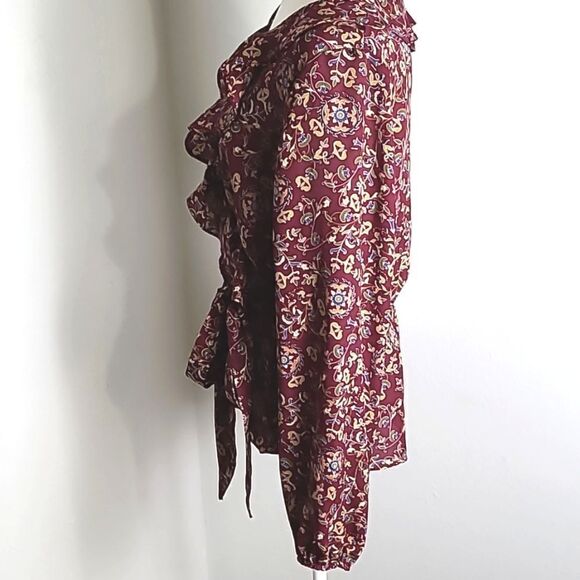 Max Studio Maroon Floral Blouse with Criss-cross Ruffle & Tie in Front, Sz Large - Picture 7 of 10